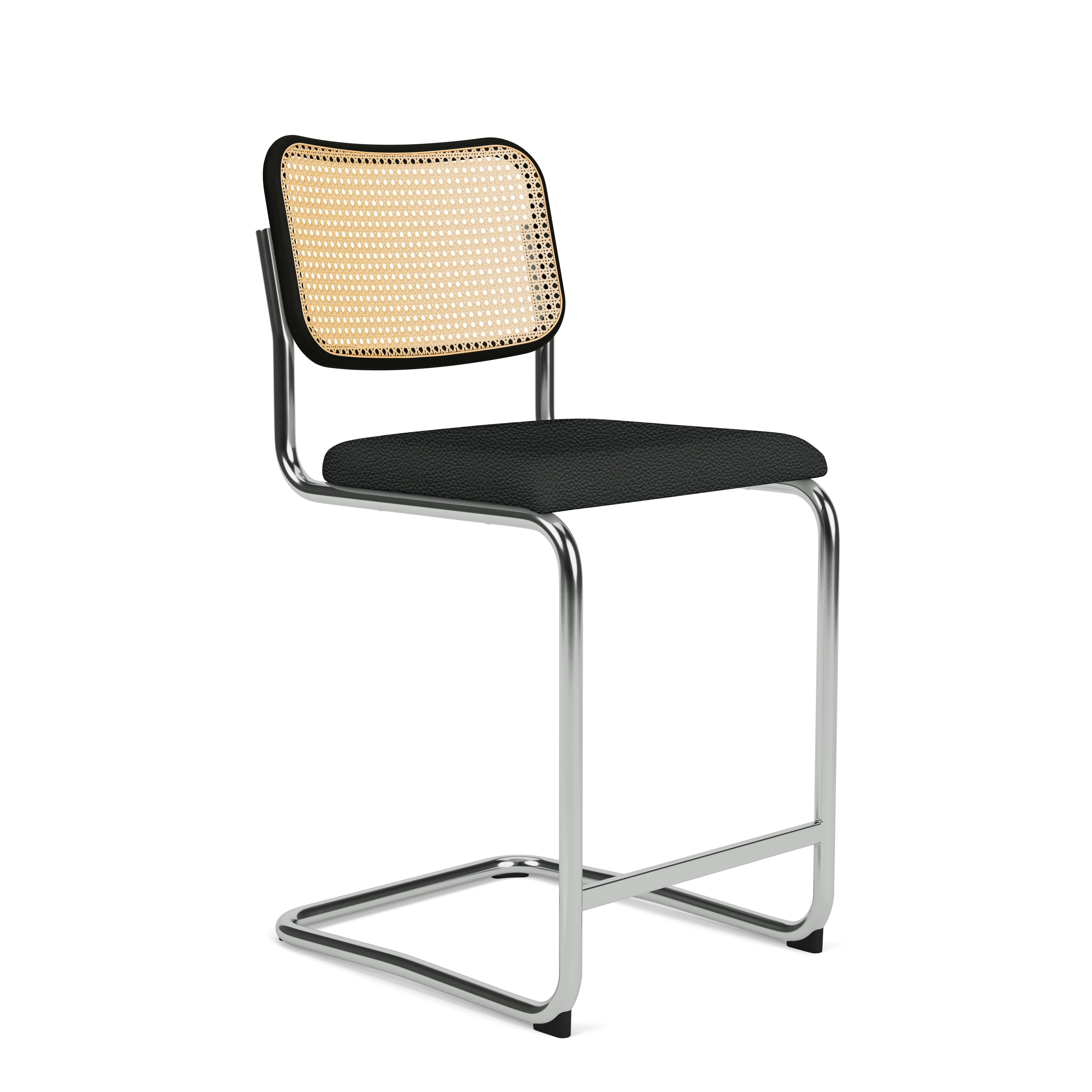Cesca Counter Stool - Caned with Ebonized Beech Back,  Upholstered Seat,  Acqua Leather,  Black