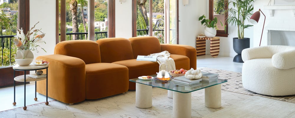 Muse Three-Seater Sofa, Huggy Chair and Tide Coffee Table