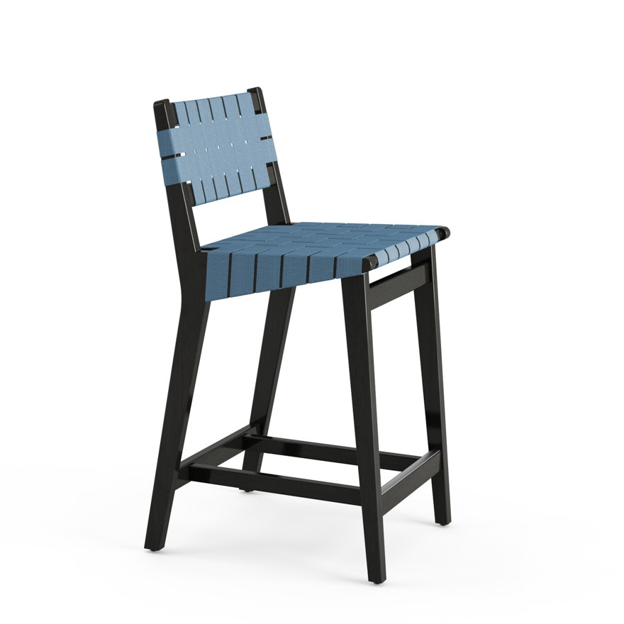 Risom Stool - Counter Height, Ebonized Maple, Polished Aluminum, Steel Blue Cotton