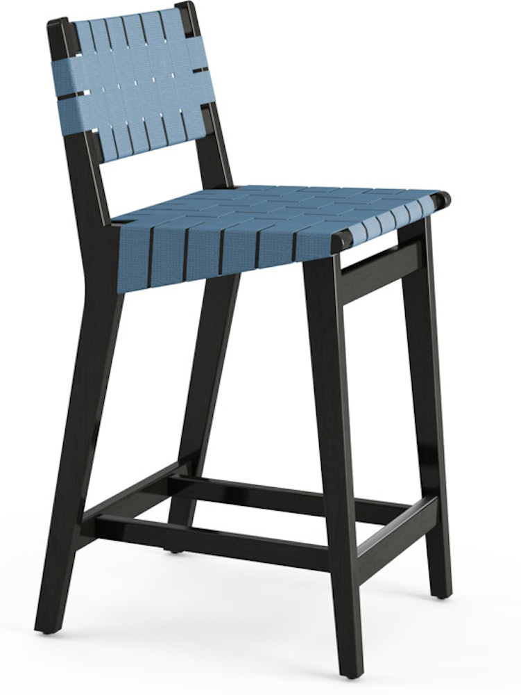 Risom Stool - Counter Height, Ebonized Maple, Polished Aluminum, Steel Blue Cotton