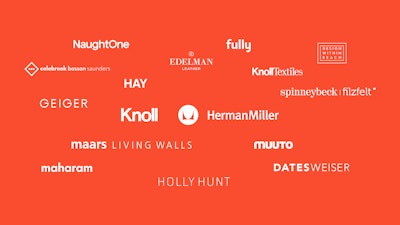 A grouping of white logos from MillerKnoll's collective of brands on a red background.