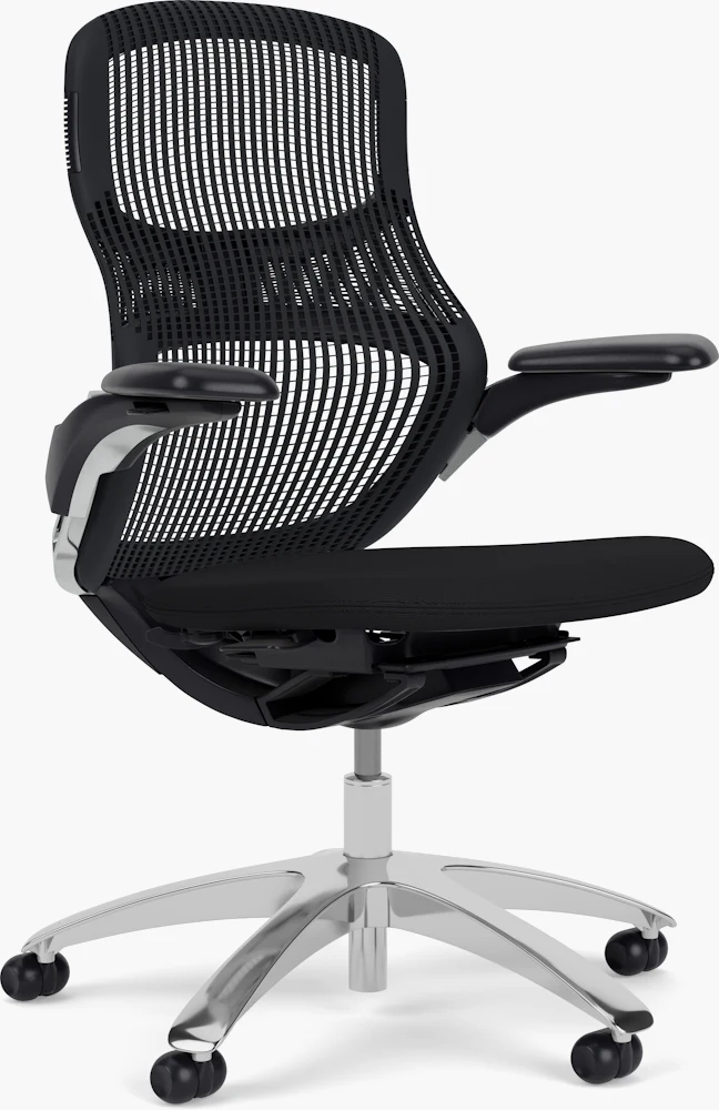 A modern ergonomic office chair with a white frame and black mesh back, grey fabric chair in a meeting room setting.