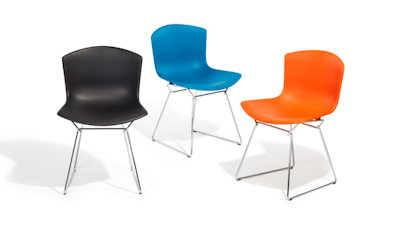 Three Bertoia Molded Shell Side Chairs by Knoll in black, blue, and orange