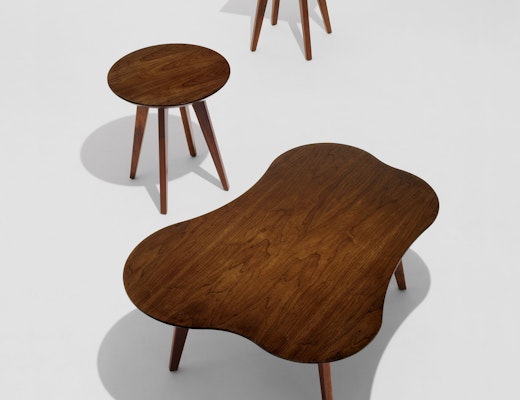 Risom Square, Round and Amoeba side tables in light walnut wood