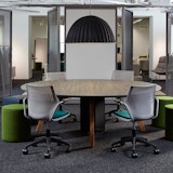 neocon 2018 rockwell unscripted round table multigeneration by knoll conversation board creative wall shared spaces