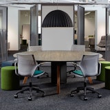 Rockwell Unscripted Sawhorse Round Table neocon 2018 rockwell unscripted round table multigeneration by knoll conversation board creative wall shared spaces