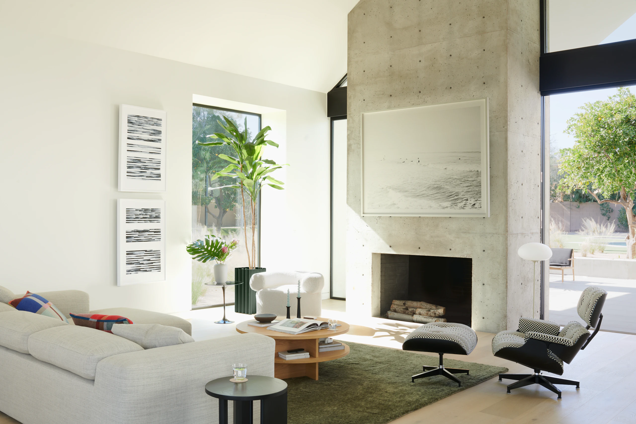 Kelston Sectional, Eames Lounge and Ottoman, Redaction Revisited - Version I by Gail Tarantino, Redaction Revisited - Version V by Gail Tarantino, Surf No. 28 by Cas Friese, Stemlite Floor Lamp, Huggy Swivel Chair, Ruti Moroccan Wool Rug, Risom Low Table