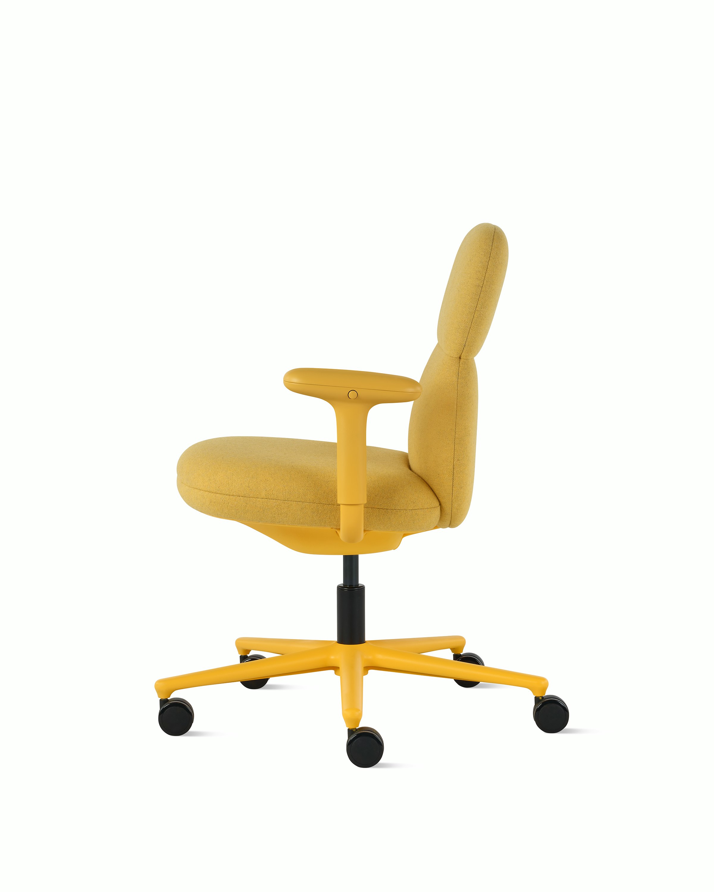 Side view of a mid-back Asari chair by Herman Miller in yellow with height adjustable arms.