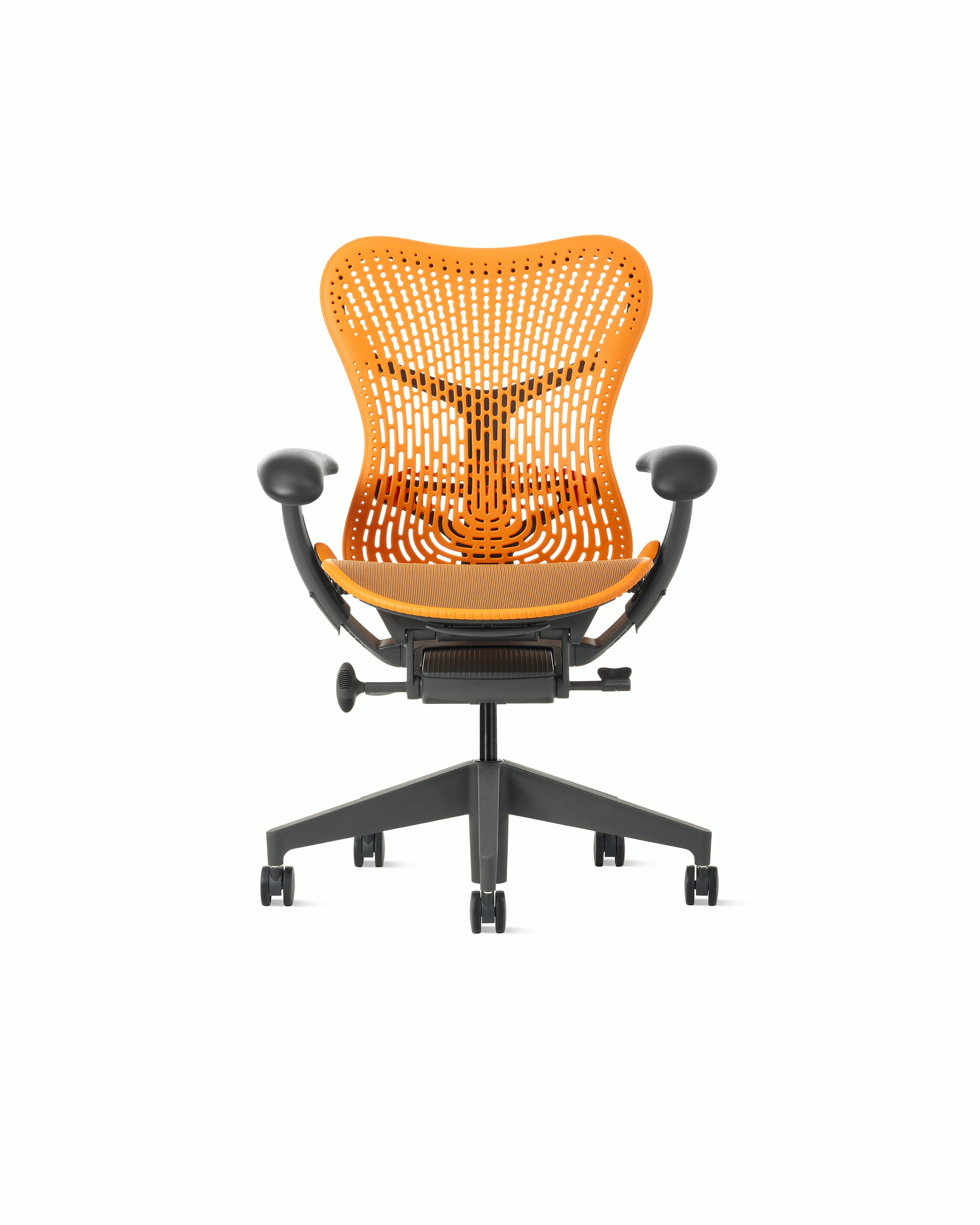 Front  view of a Mirra2 chair with a Trflex back in ochre. 