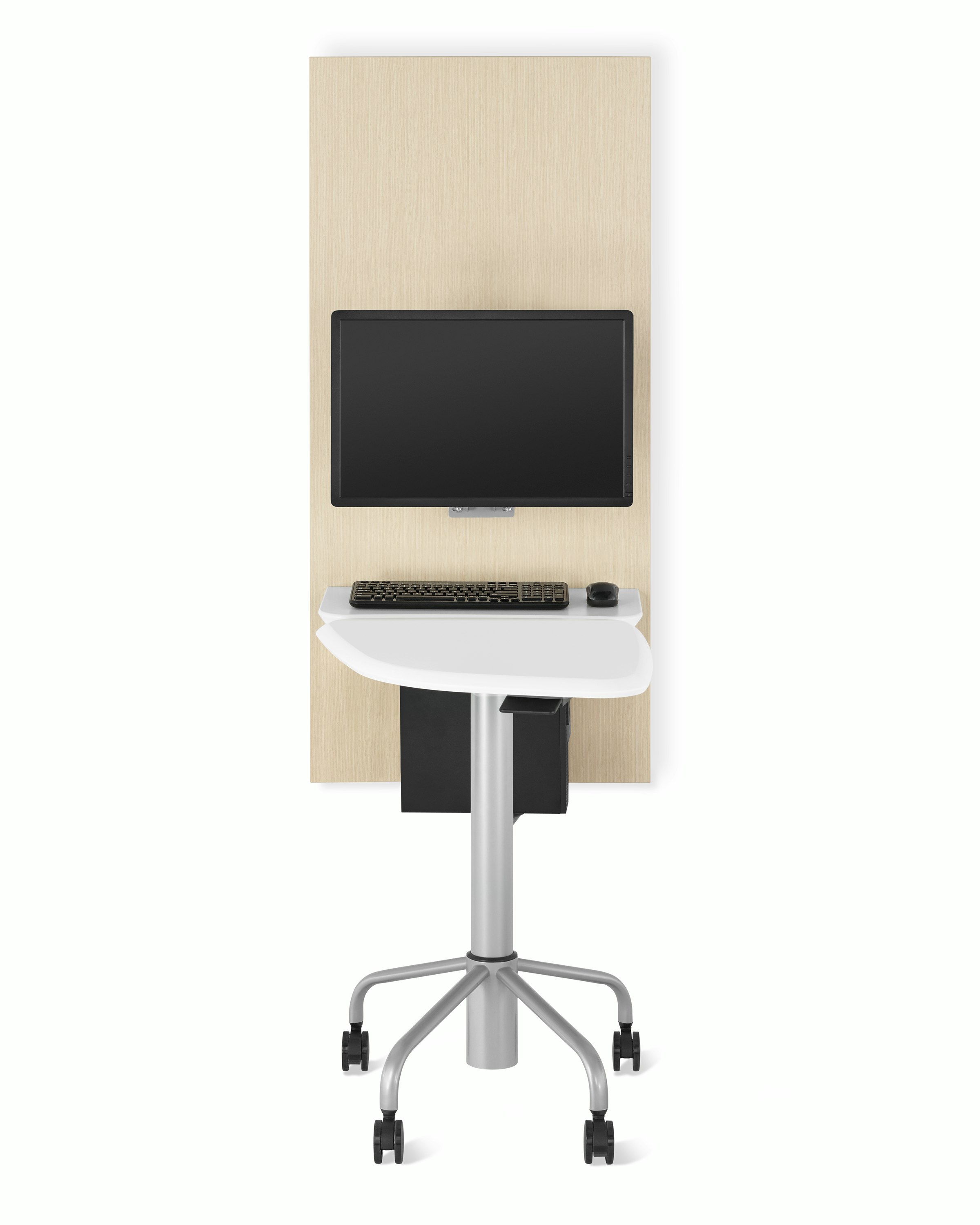 Intent technology support wall unit in an ash finish with a white shelf and silver monitor arm with a monitor. A mobile, height-adjustable table in a silver base and white top is docked next to the wall unit.