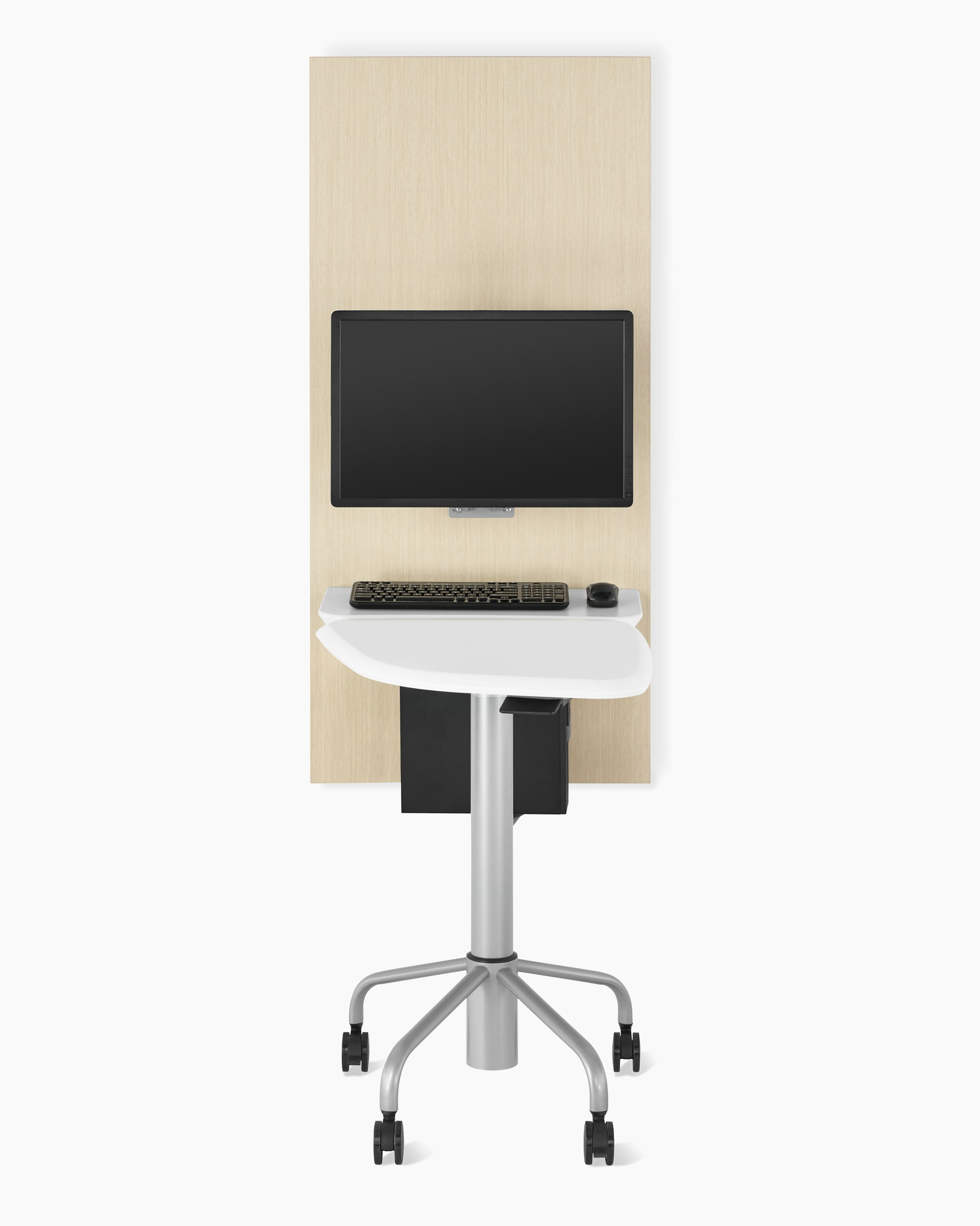 Intent technology support wall unit in an ash finish with a white shelf and silver monitor arm with a monitor. A mobile, height-adjustable table in a silver base and white top is docked next to the wall unit.