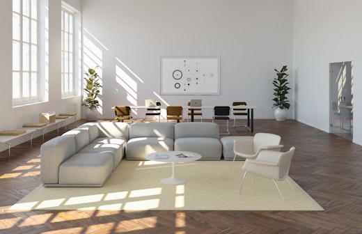 muuto connect sofa saarinen coffee table KN04 lounge chair muuto ply rug bertoia bench muuto 70/70 table cesca chair community space lounge area arriving shared spaces