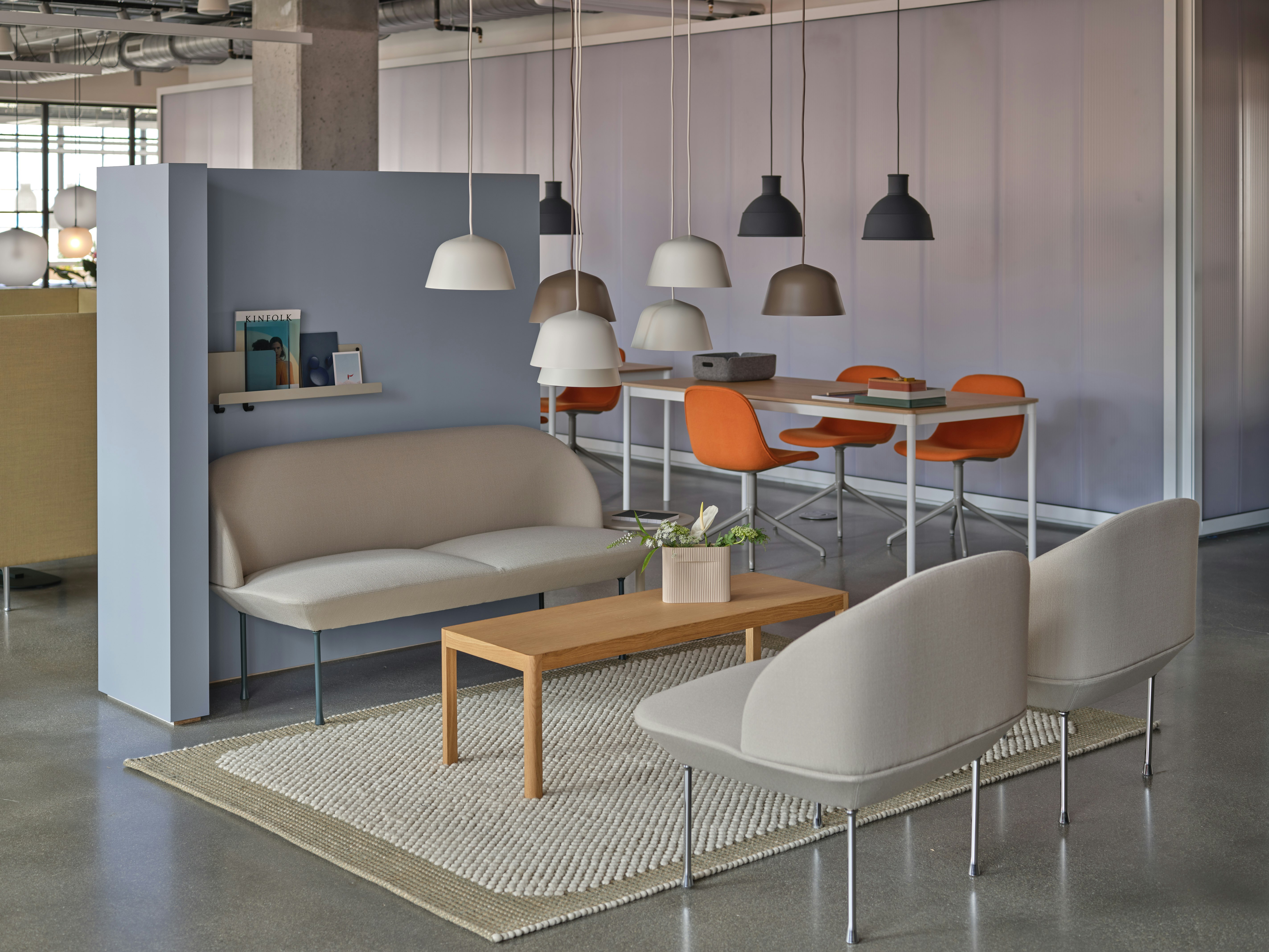 oslo lounge chair sofa workshop coffee table ridge vase folded shelves pebble rug ambit pendant lamp fiber side chair restore tray base table arrange desktop series unfold pendant lamp muuto fulton market chicago showroom quiet zone