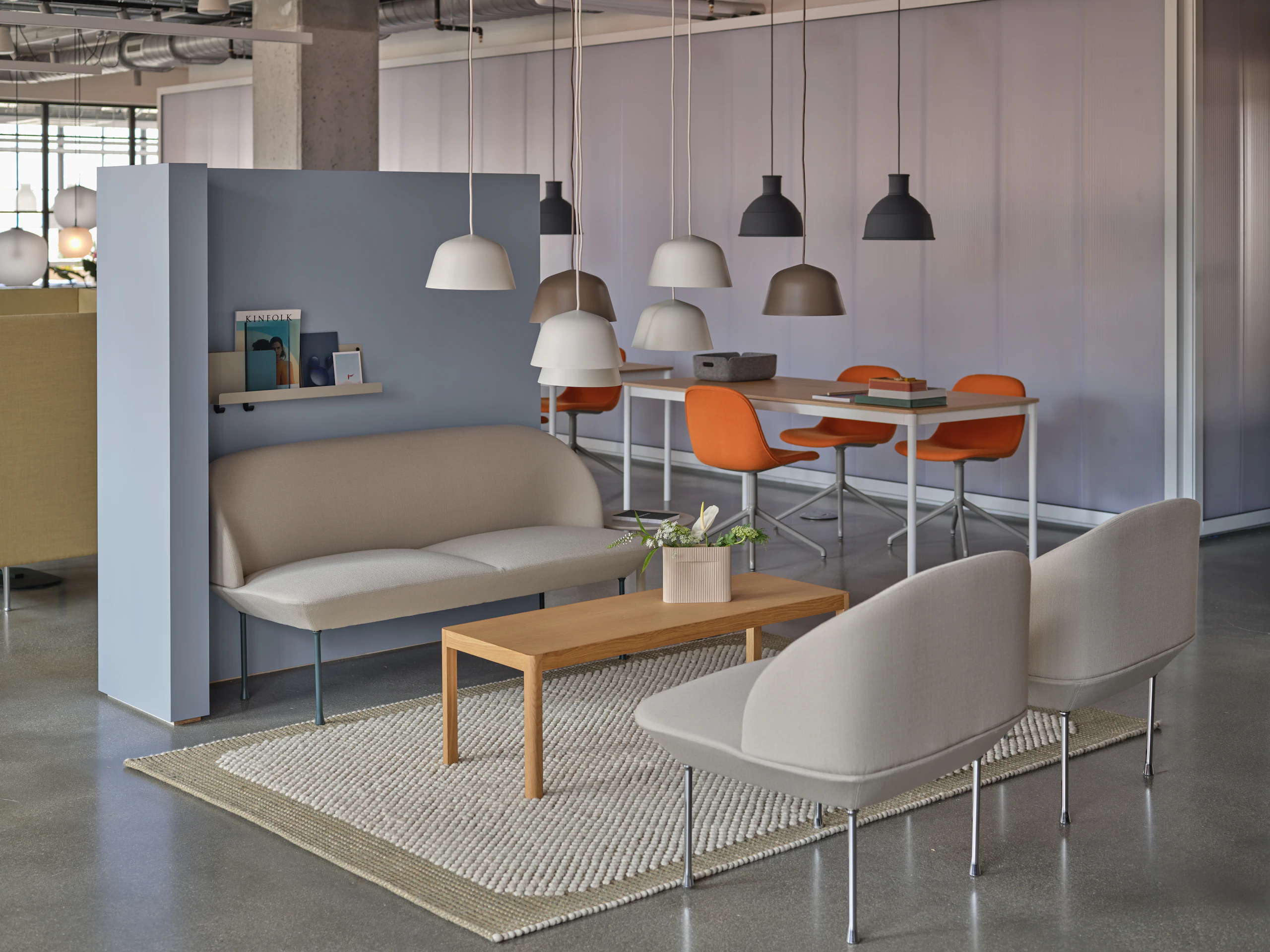 oslo lounge chair sofa workshop coffee table ridge vase folded shelves pebble rug ambit pendant lamp fiber side chair restore tray base table arrange desktop series unfold pendant lamp muuto fulton market chicago showroom quiet zone