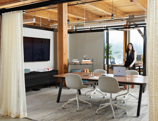 Rockwell Unscripted Creative Wall Rockwell Unscripted Creative Wall KnollTextiles drapery pivot glass fins media support portal hospitality cart Sawhorse Table Muuto Fiber Chair Muuto Reflect sideboard semi open collaborative space team meeting breakout
