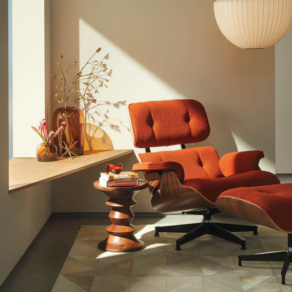 Eames Lounge & Ottoman, Nelson Apple Pendant and Walnut Stool -Light off