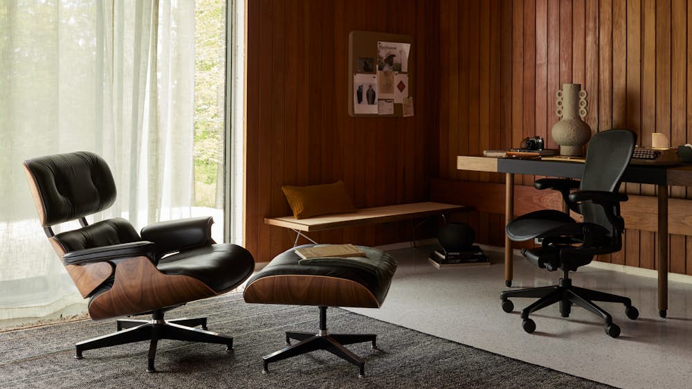 Leatherwrap Sit-to-Stand Desk,  Maharam Argali Rug,  Ode Desk Lamp,  Eames Lounge Chair and Ottoman,  Aeron Chair