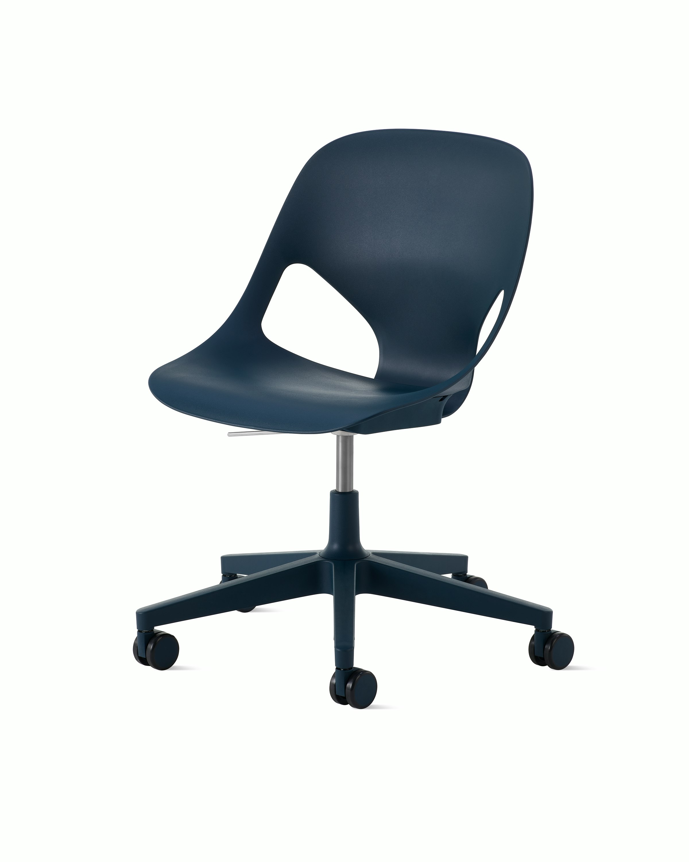 Front angle view of a dark blue armless Zeph chair.