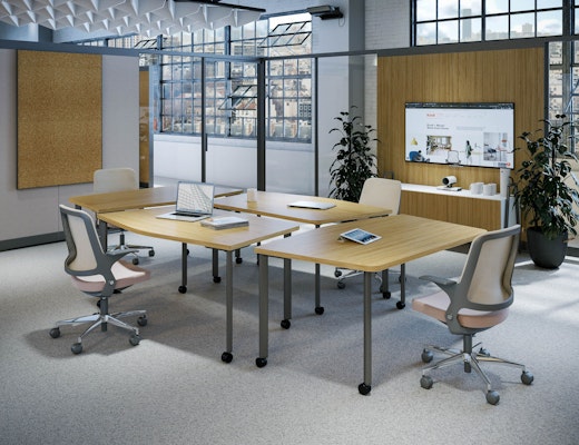 Thriving Workplace Free Zone with Rockwell Unscripted Creative Wall and Islands Collection by Knoll rockwell unscripted creative wall enclosure doors monitor support corkboard hanging coversation board rockwell unscripted credenza islands collection by knoll sl-base cair shape casters ollo mesh back light task