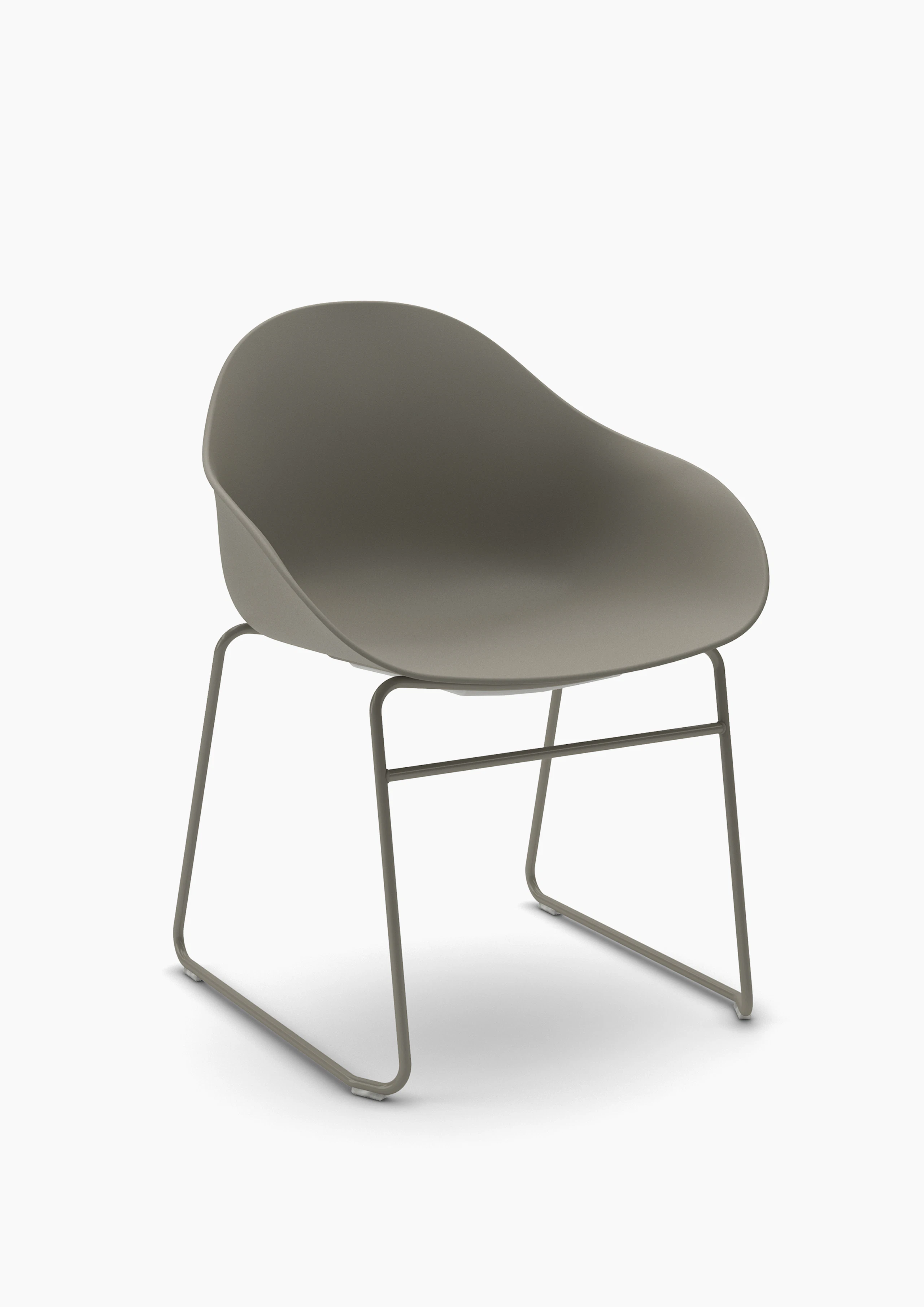 Three-quarter view of a grey Ruby Side Chair on matching sled base.