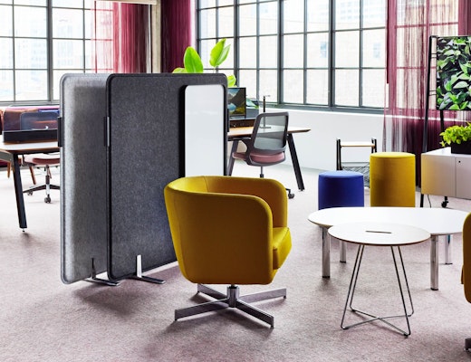 Shared Spaces featuring Rockwell Unscripted Lounge and Inlet Screens Rockwell Unscripted club chair swivel base occasional table touchdown seating media cart Inlet Screens by Knoll Islands Collection by Knoll table Dan Grabowski shared spaces dynamic teams neighborhood