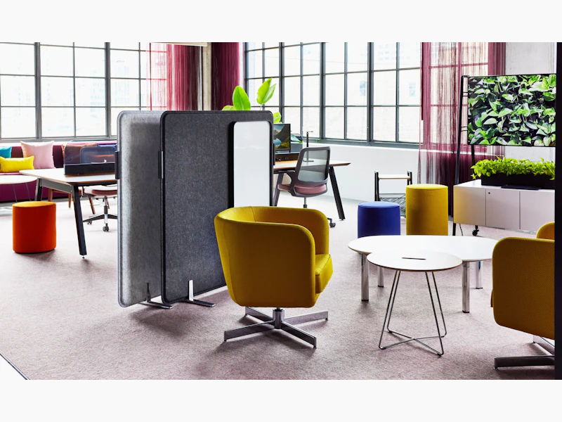 Rockwell Unscripted club chair swivel base occasional table touchdown seating media cart Inlet Screens by Knoll Islands Collection by Knoll table Dan Grabowski shared spaces dynamic teams neighborhood
