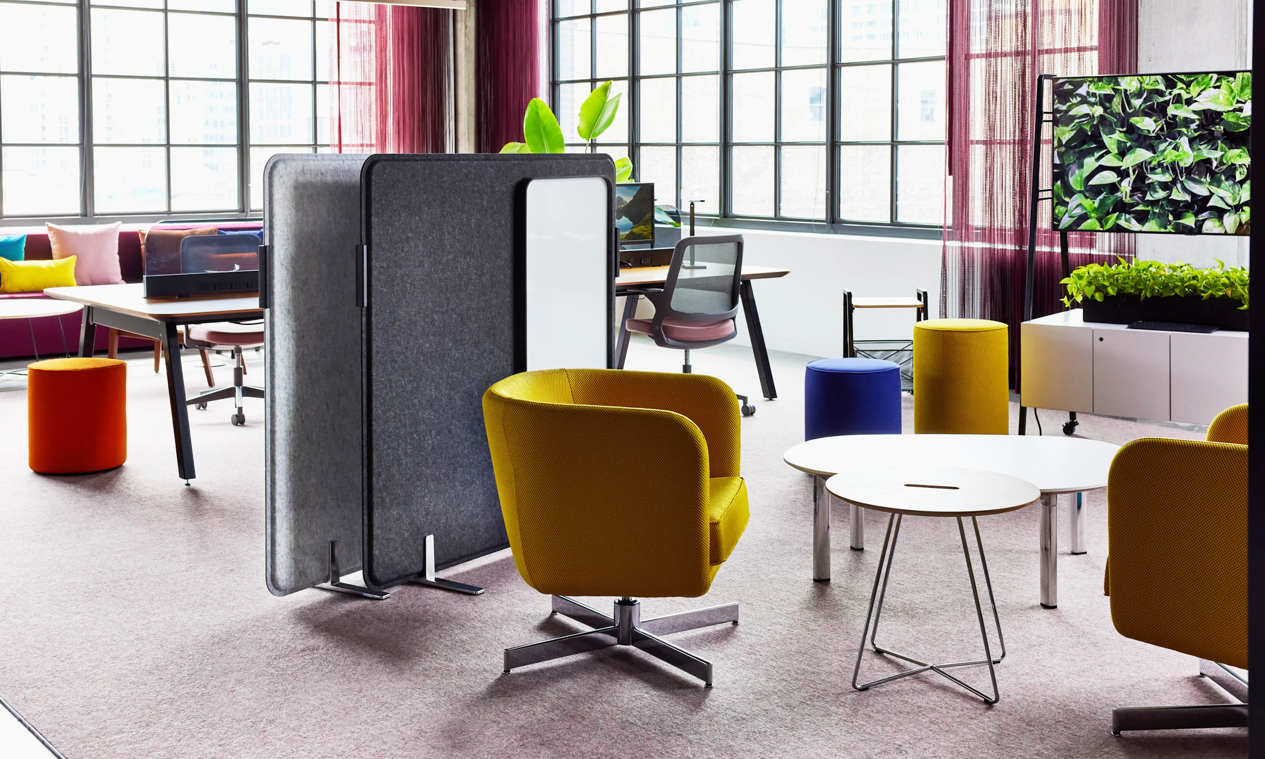 Rockwell Unscripted club chair swivel base occasional table touchdown seating media cart Inlet Screens by Knoll Islands Collection by Knoll table Dan Grabowski shared spaces dynamic teams neighborhood