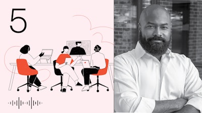 Looking Forward podcast cover art with episode number 5 in the top left corner is stacked alongside a portrait of the guest for this episode, commercial property leader Craig Robinson, Ph.D.