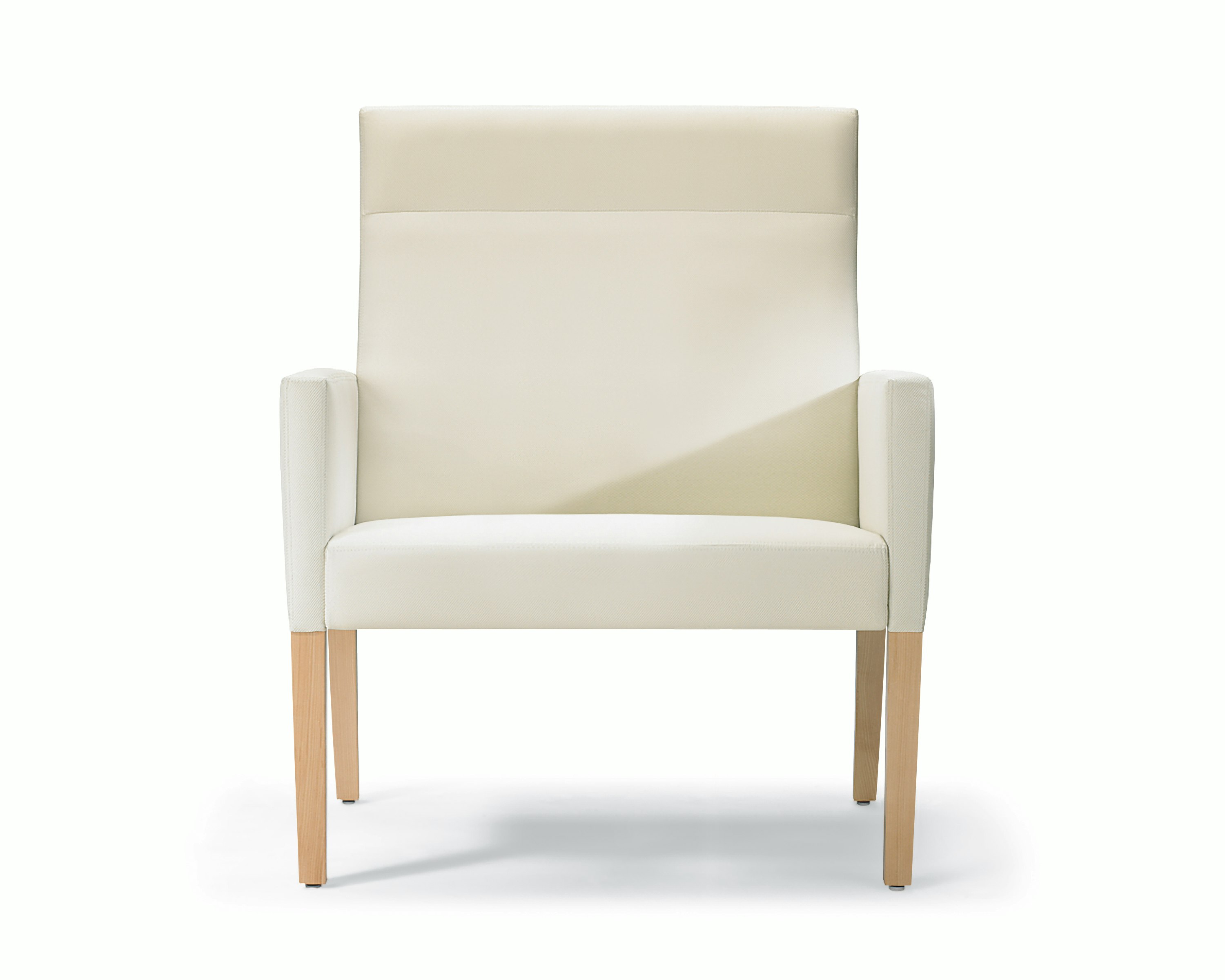 A front view of a Brava 862 Plus Patient Chair with high-back in white textile with upholstered arms and maple base.