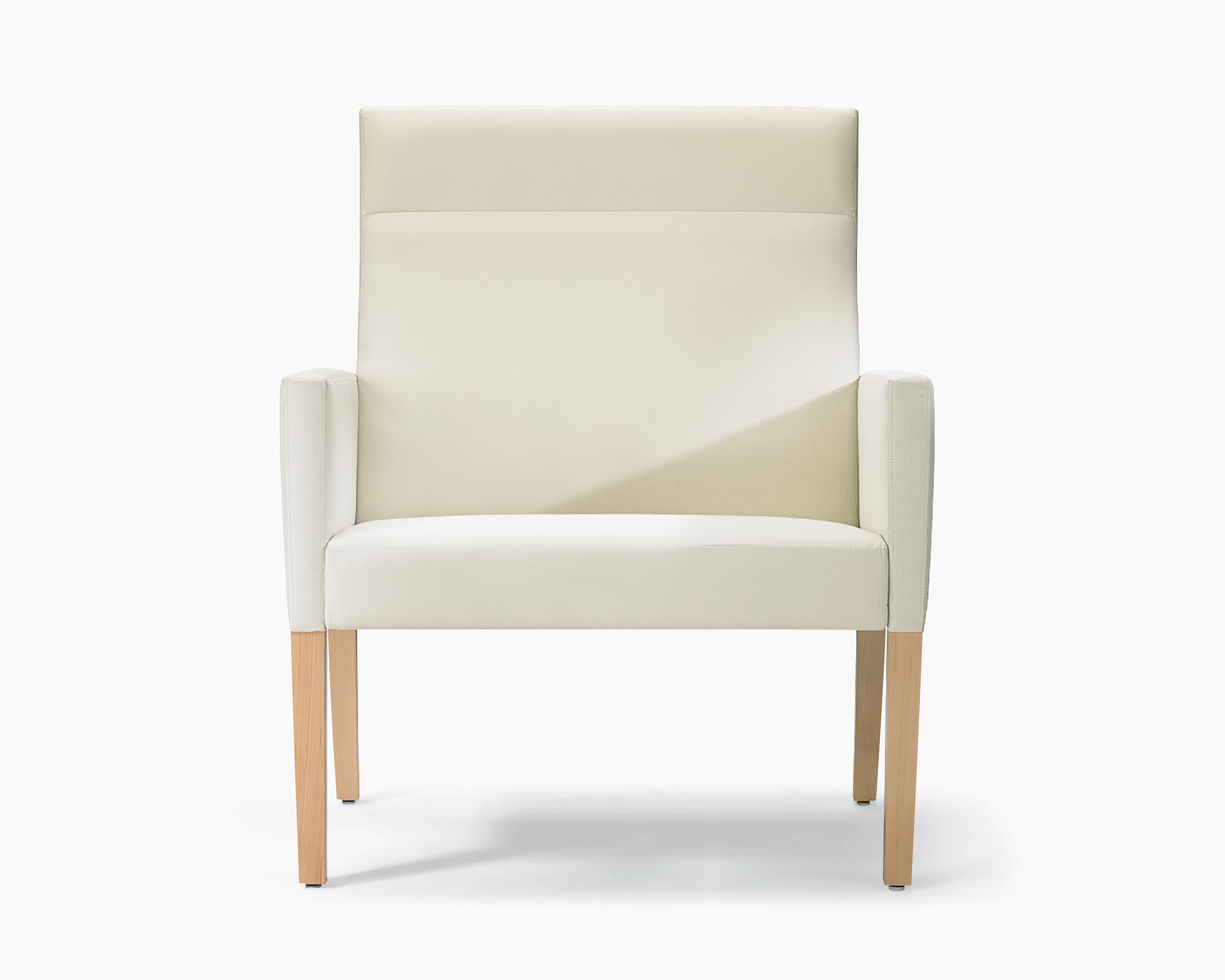 A front view of a Brava 862 Plus Patient Chair with high-back in white textile with upholstered arms and maple base.