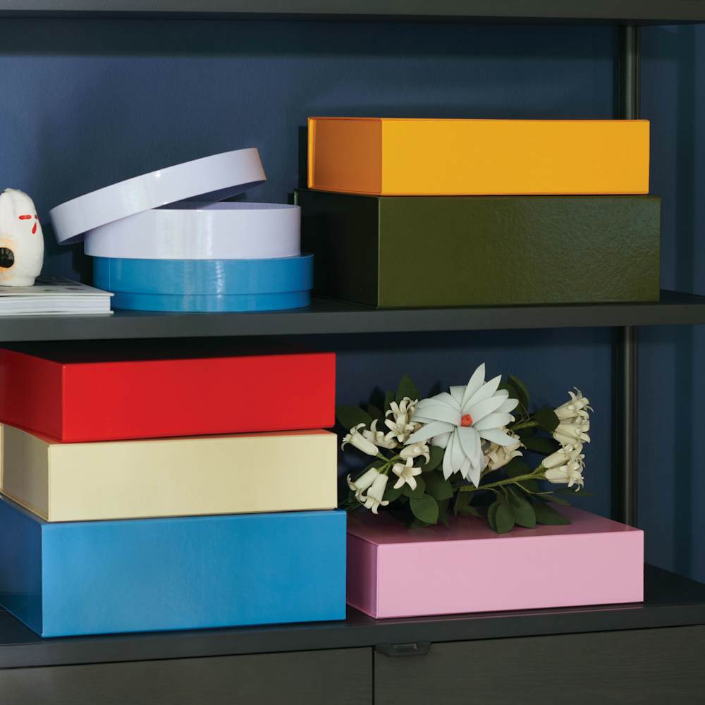 Colour Storage Crates on a New Order Bookshelf