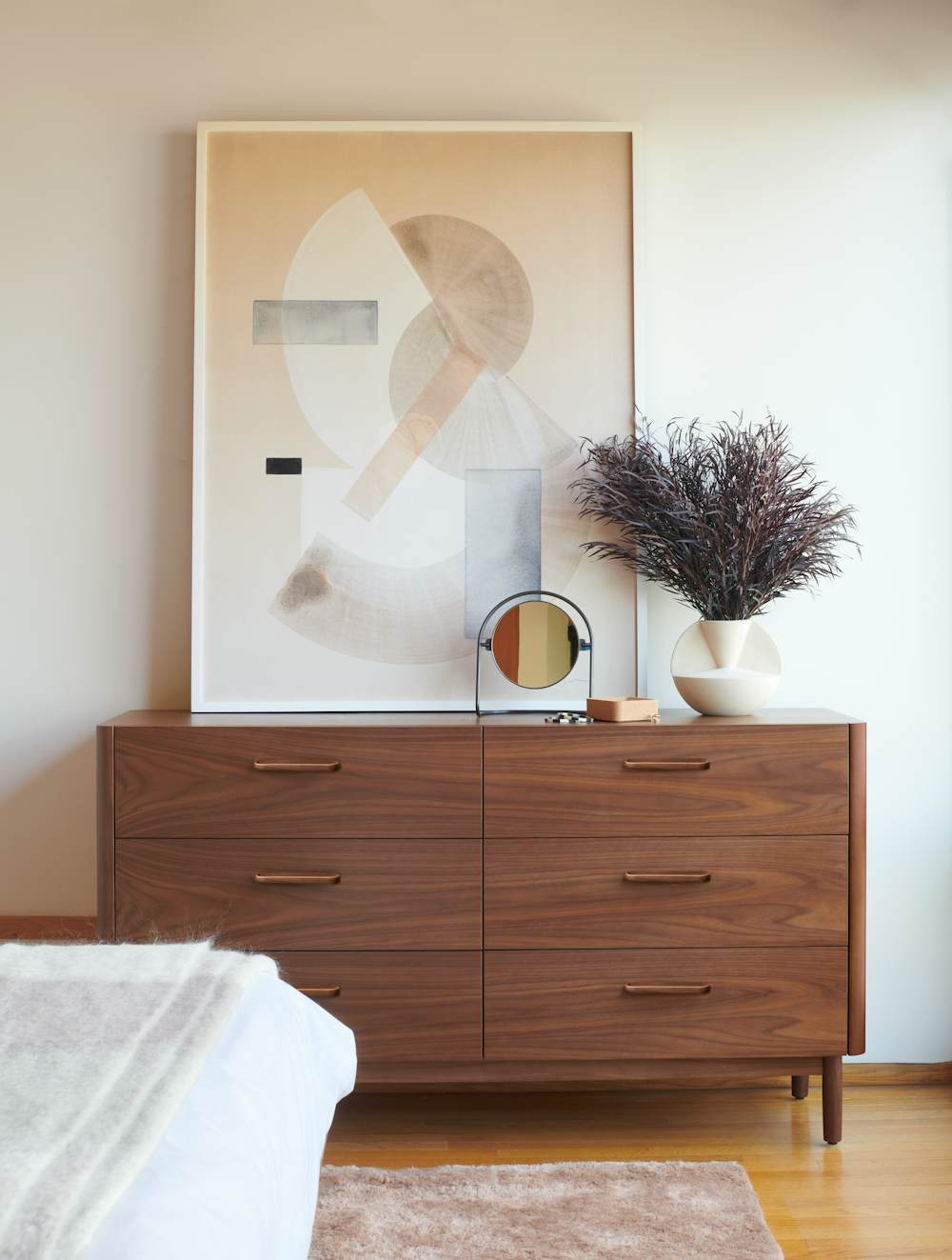 Miro Dresser,  Linna I by Laura Naples,  and Nimbus Table Mirror in a home entryway setting