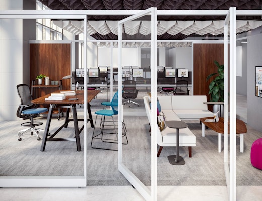 Rockwell Unscripted Multi-Use Private Office Private Office Rockwell Unscripted Creative Wall Rockwell Unscripted Tall Table Rockwell Unscripted Modular Lounge ReGeneration by Knoll Islands Collection by Knoll ARO Grid Acoustic Ceiling Tiles