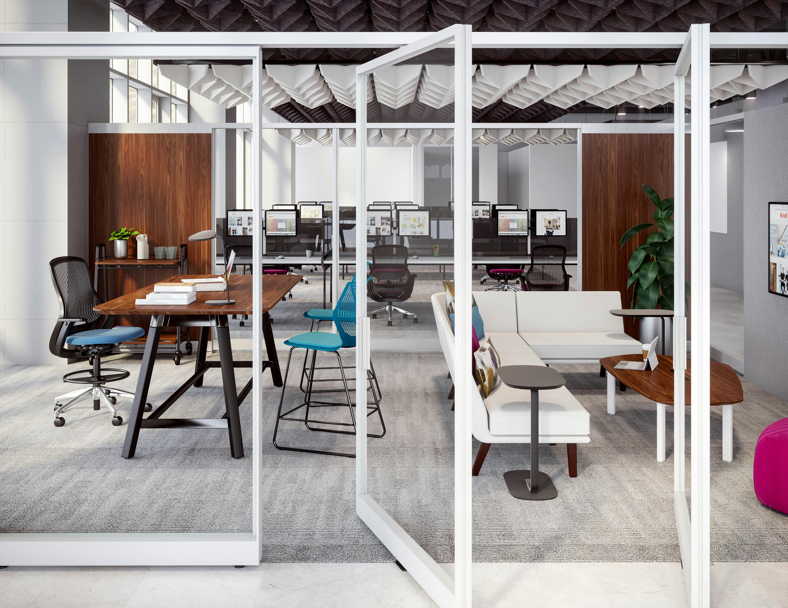 Private Office Rockwell Unscripted Creative Wall Rockwell Unscripted Tall Table Rockwell Unscripted Modular Lounge ReGeneration by Knoll Islands Collection by Knoll ARO Grid Acoustic Ceiling Tiles
