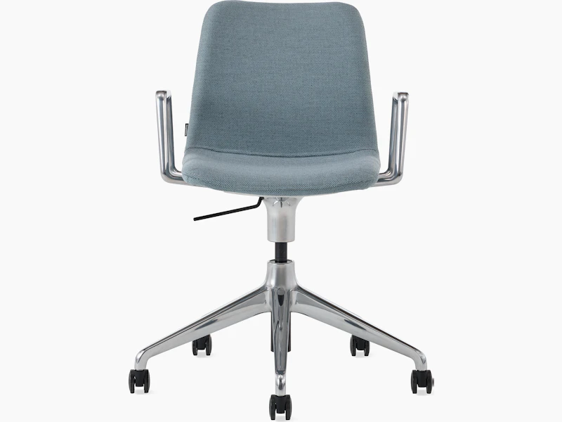 White sweep of Viv chair with light blue fabric and 5 star polished aluminium base with castors