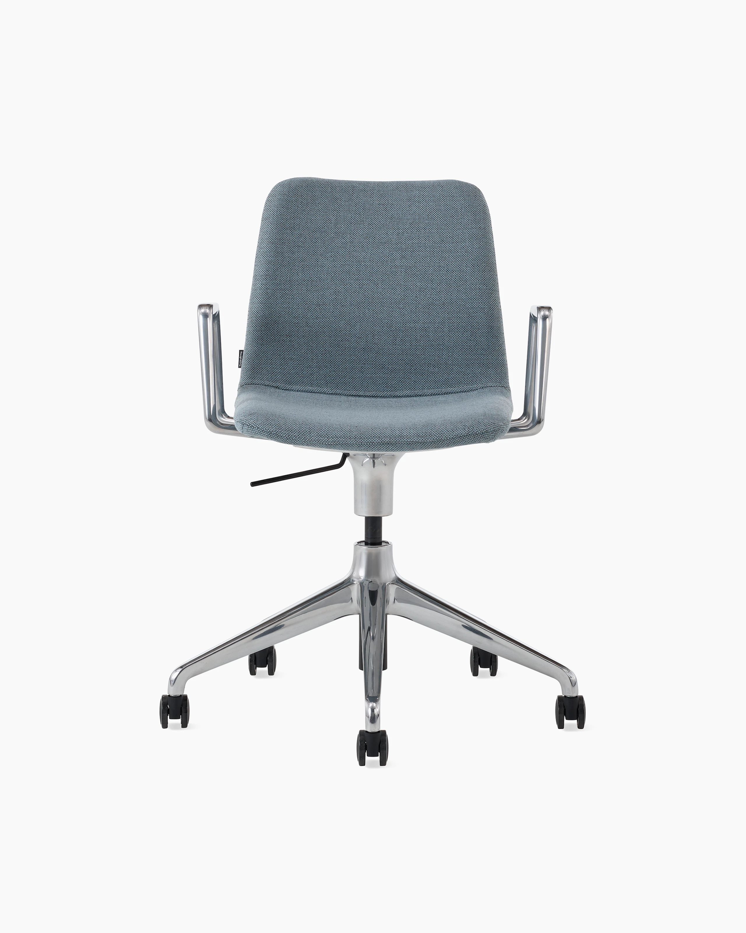White sweep of Viv chair with light blue fabric and 5 star polished aluminium base with castors