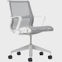 Front angle view of a Setu chair with grey suspension, white frame and silver alloy base.