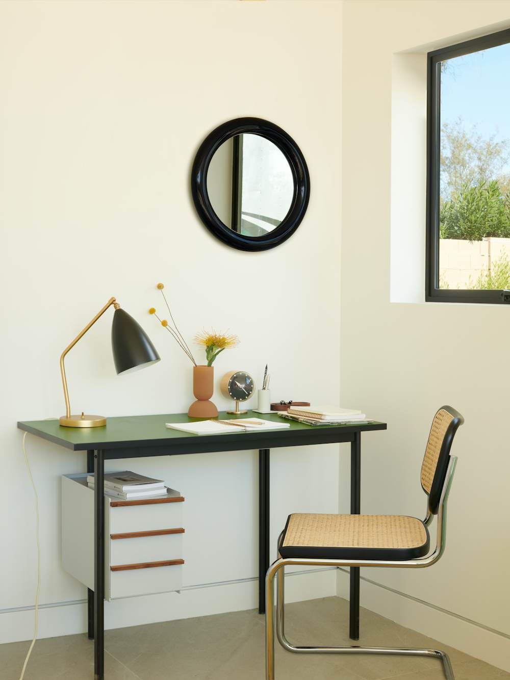 Mode Desk,  Cesca Chair,  Grasshopper Table Lamp,  Duplum Mirror,  Nelson Night Clock,  Dual Vase