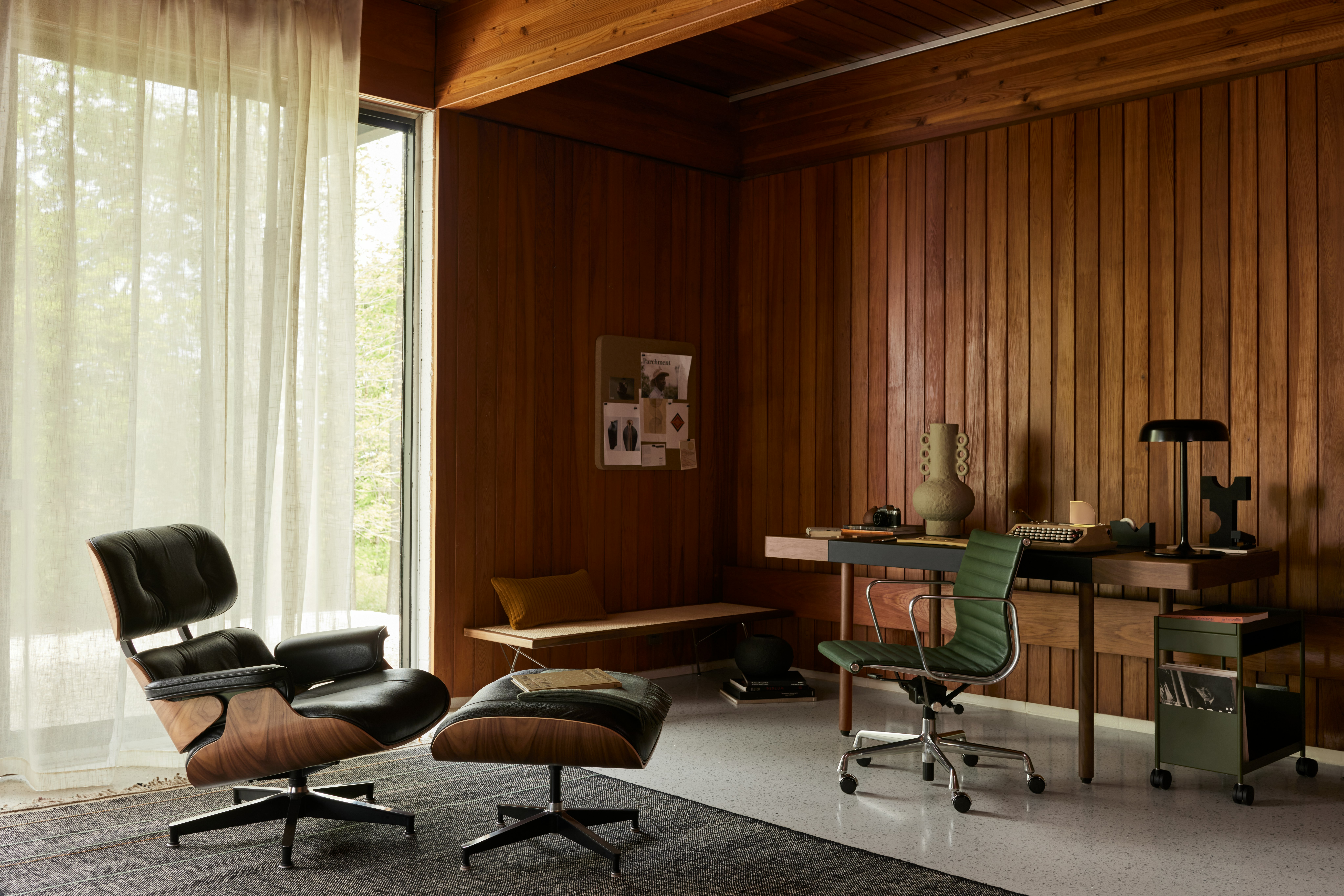 Leatherwrap Sit-to-Stand Desk,  Maharam Argali Rug,  Ode Desk Lamp,  Eames Lounge Chair and Ottoman,  Eames Aluminum Group Chair