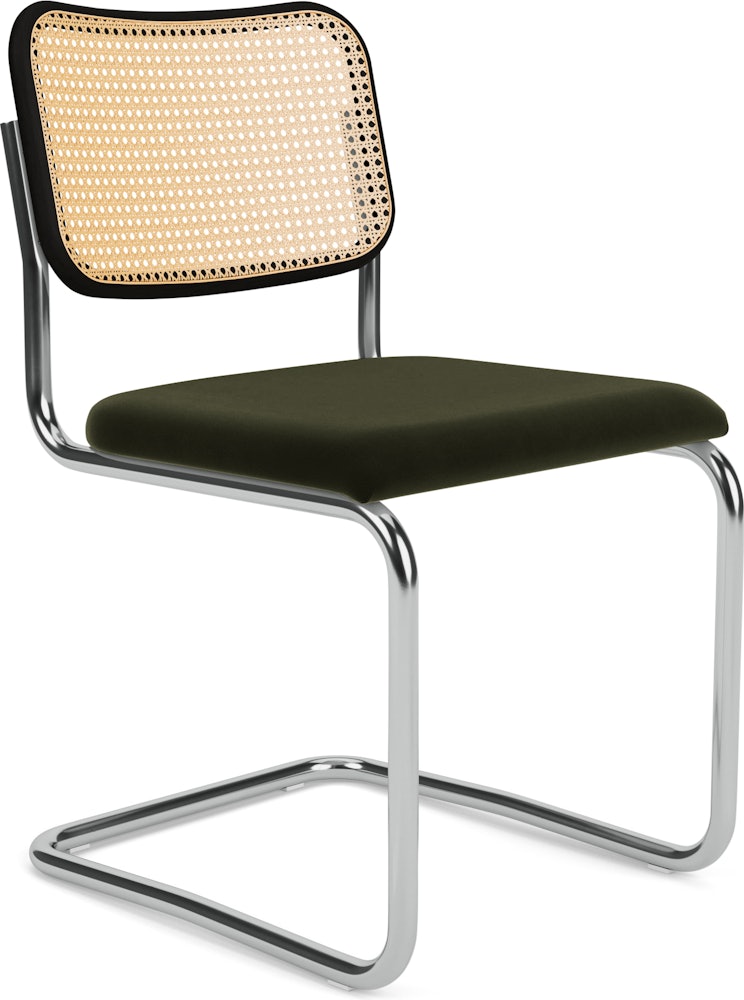 Cesca Side Chair - Caned/Ebonized Beech Back,  Upholstered Seat,  Knoll Velvet,  Sage