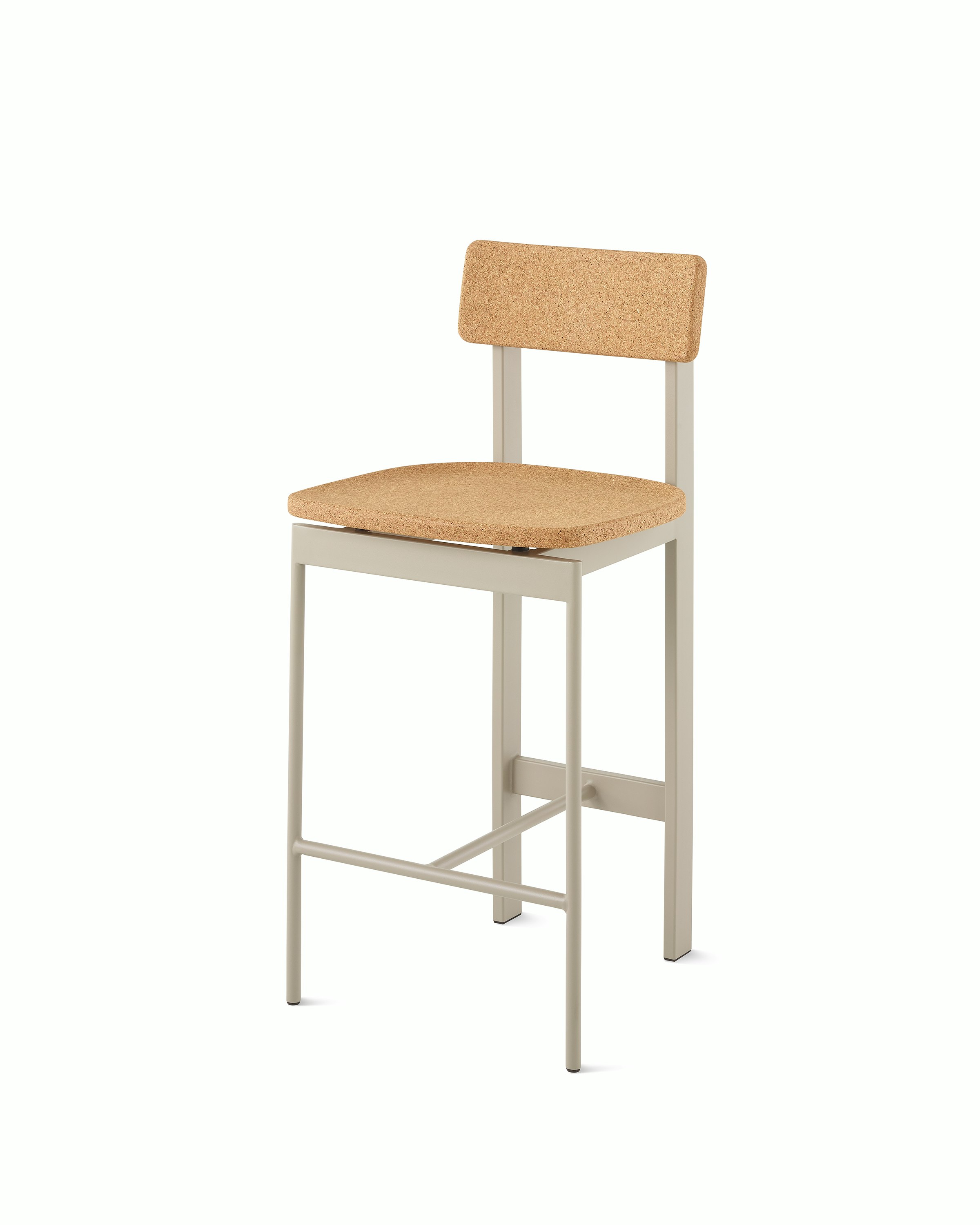 A counter height Betwixt Stool with cork seat and backrest, with a grey frame.