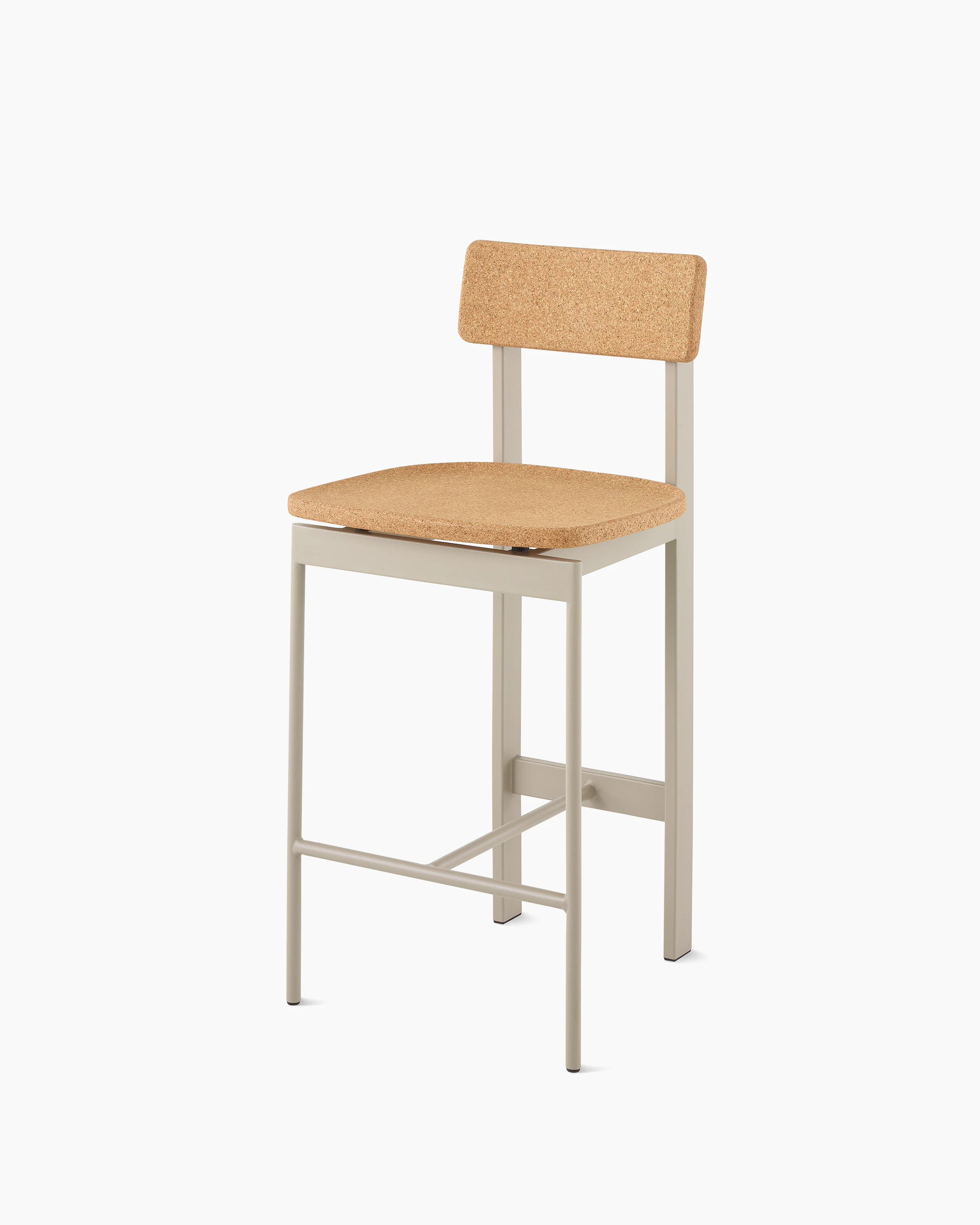 A counter height Betwixt Stool with cork seat and backrest, with a grey frame.