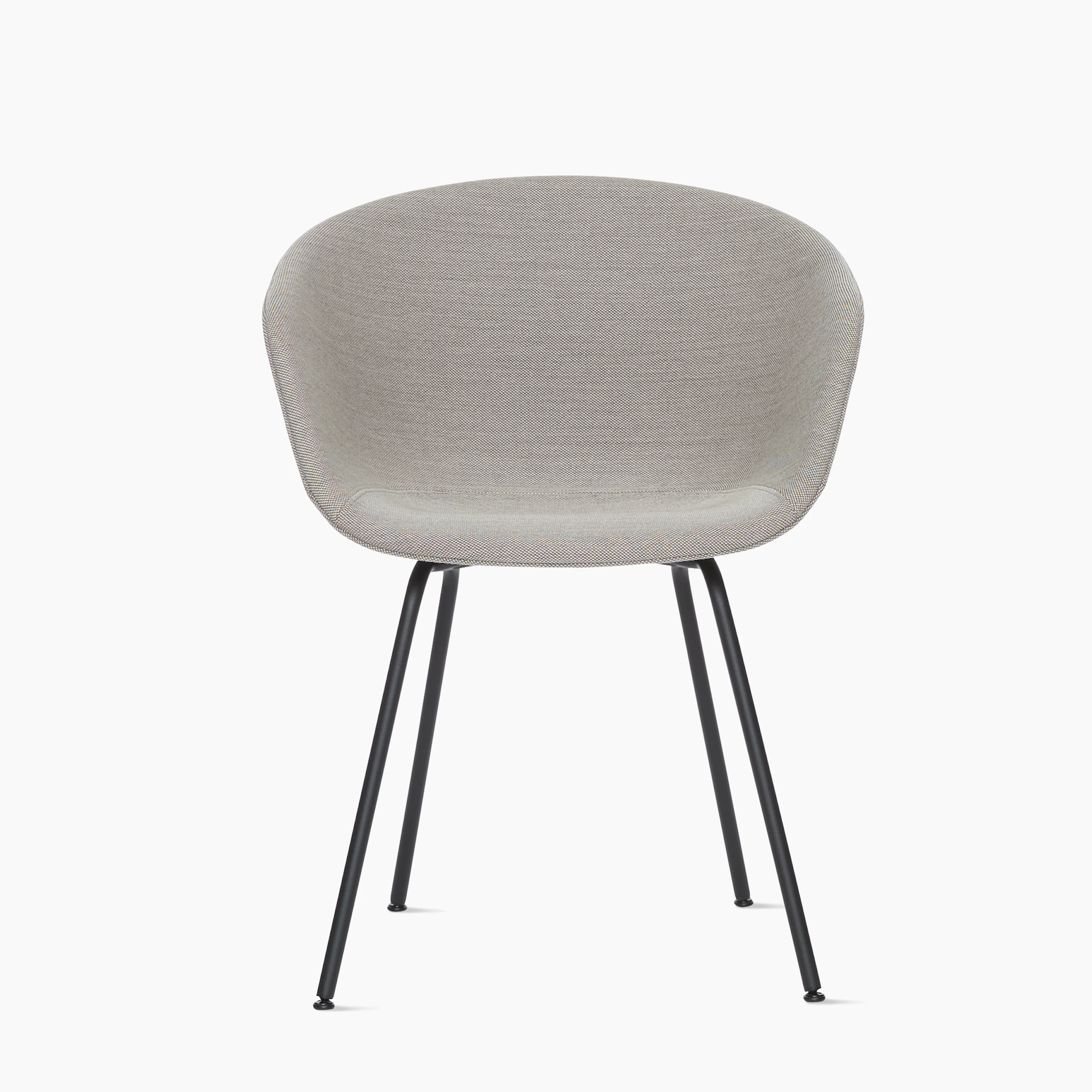 A front view of the AAC 27 About A Chair upholstered armchair with a metal base.