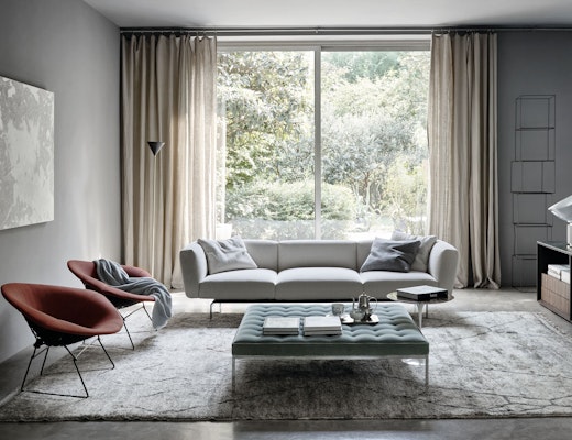 Florence Knoll Relaxed Square Bench Avio Compact Sofa, Bertoia Diamond Chair, Saarinen Side Table Florence knoll relaxed square bench