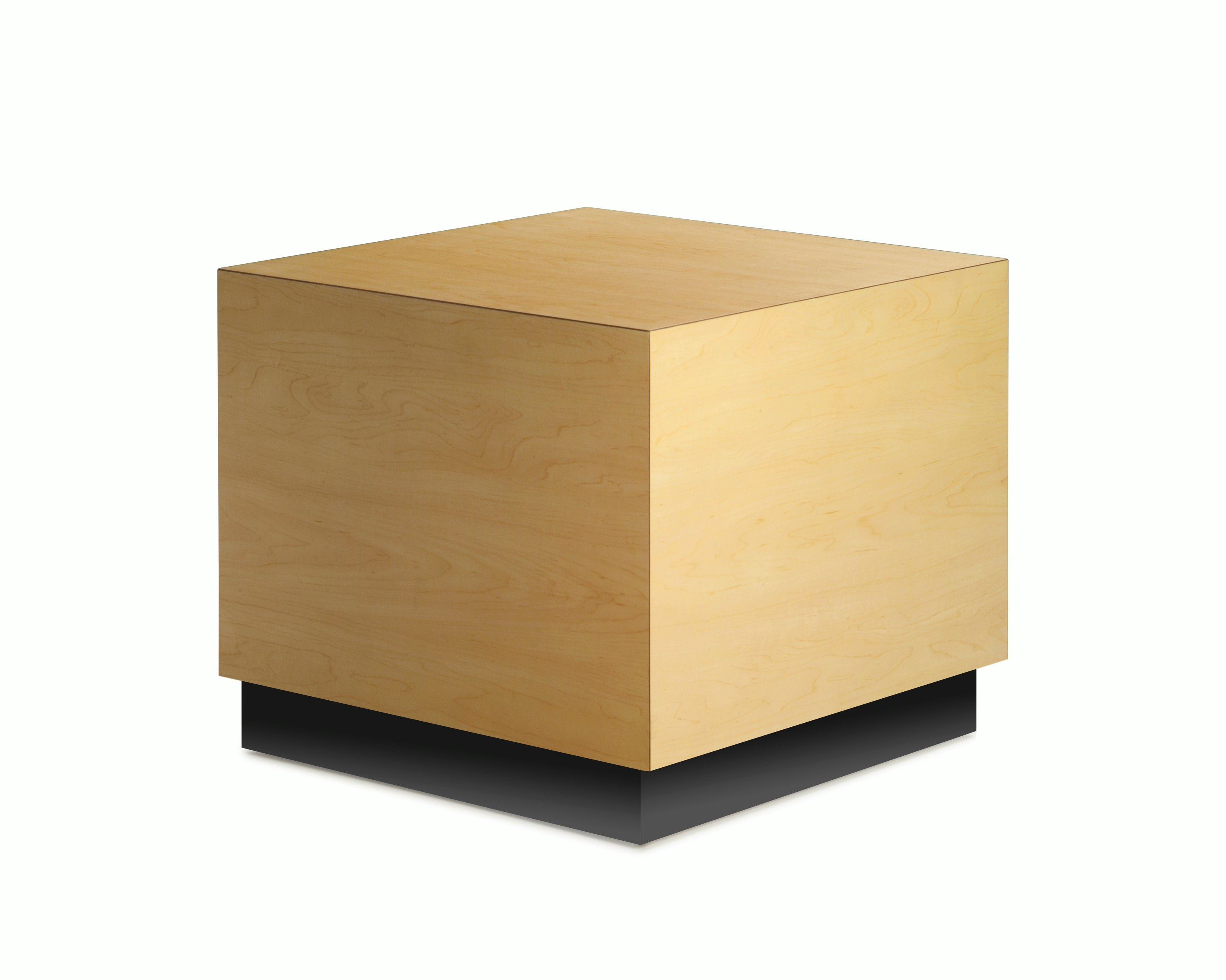 Cube Table in a honey maple finishe and a black plinth base, viewed at an angle.