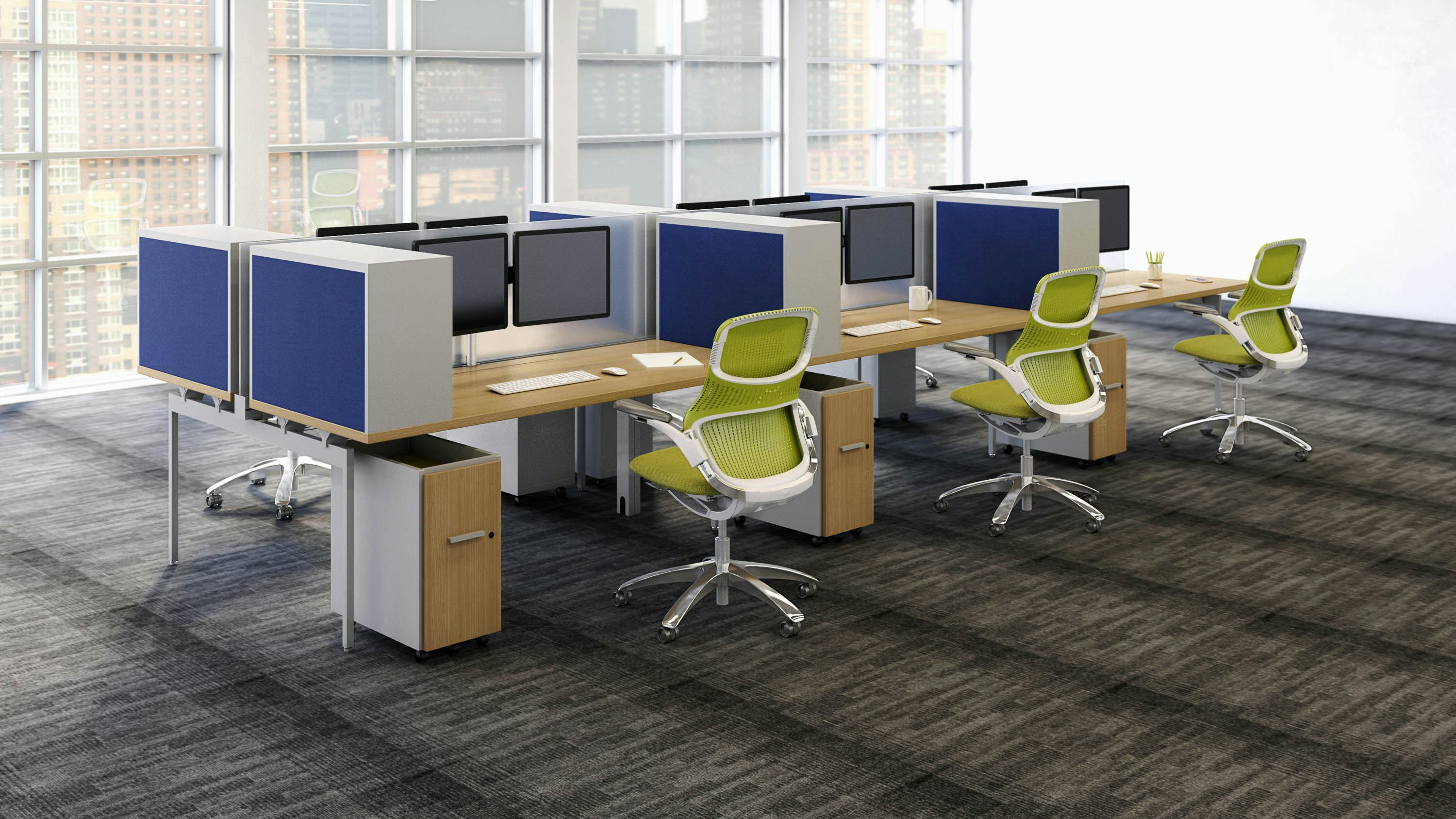 Antenna Workspaces Big Table Anchor stacker storage Anchor mobile pedestal Sapper monitor arm Generation by Knoll work chair arriving, benching workstation privacy divider