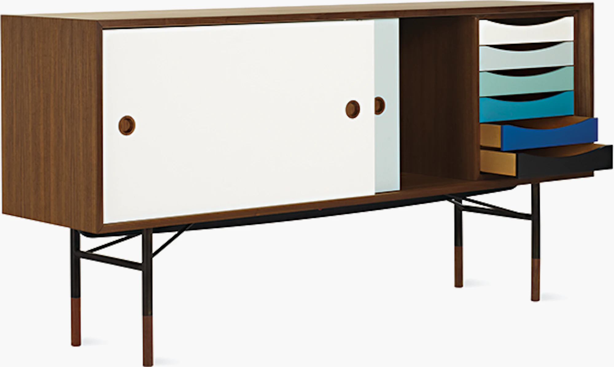 Walnut credenza side view with white door and colorful drawers