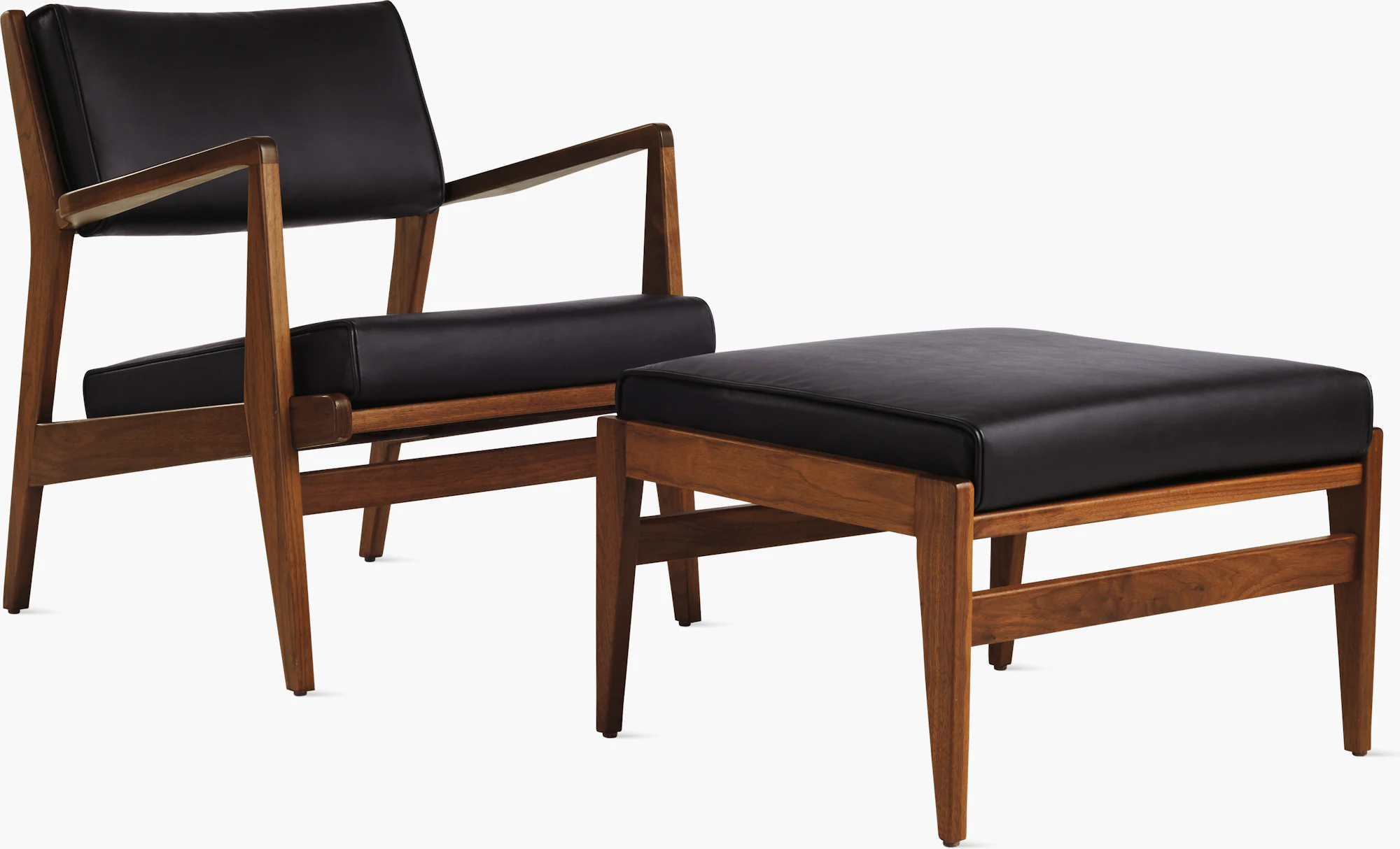Black leather ottoman with warm wood legs and base