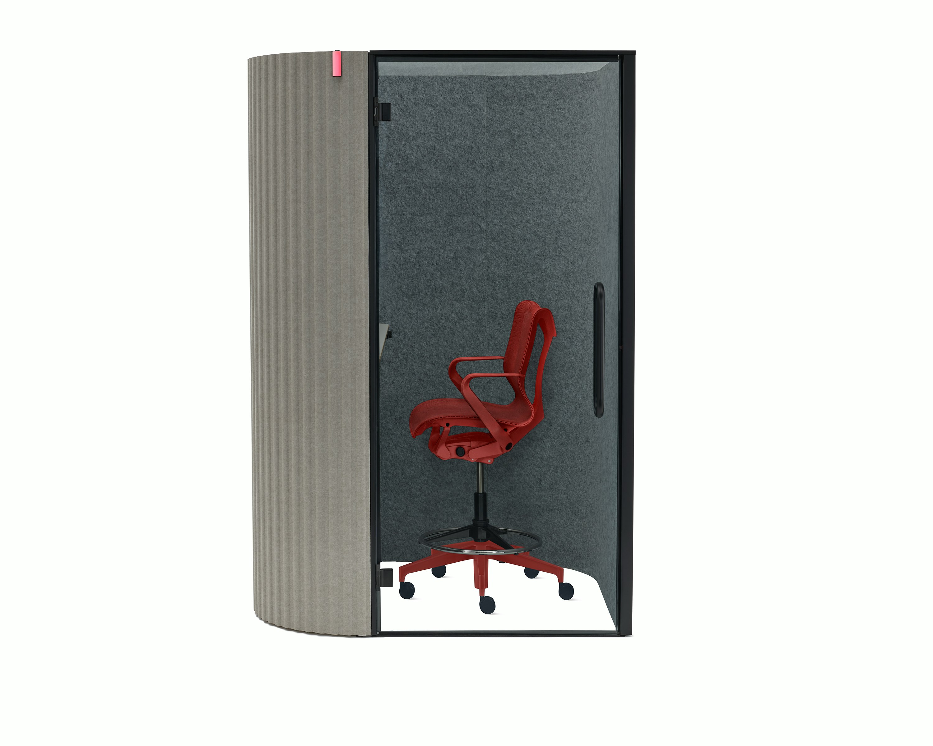 A front view of a Bay Work Pod with a Cosm Stool behind the clear glass door.