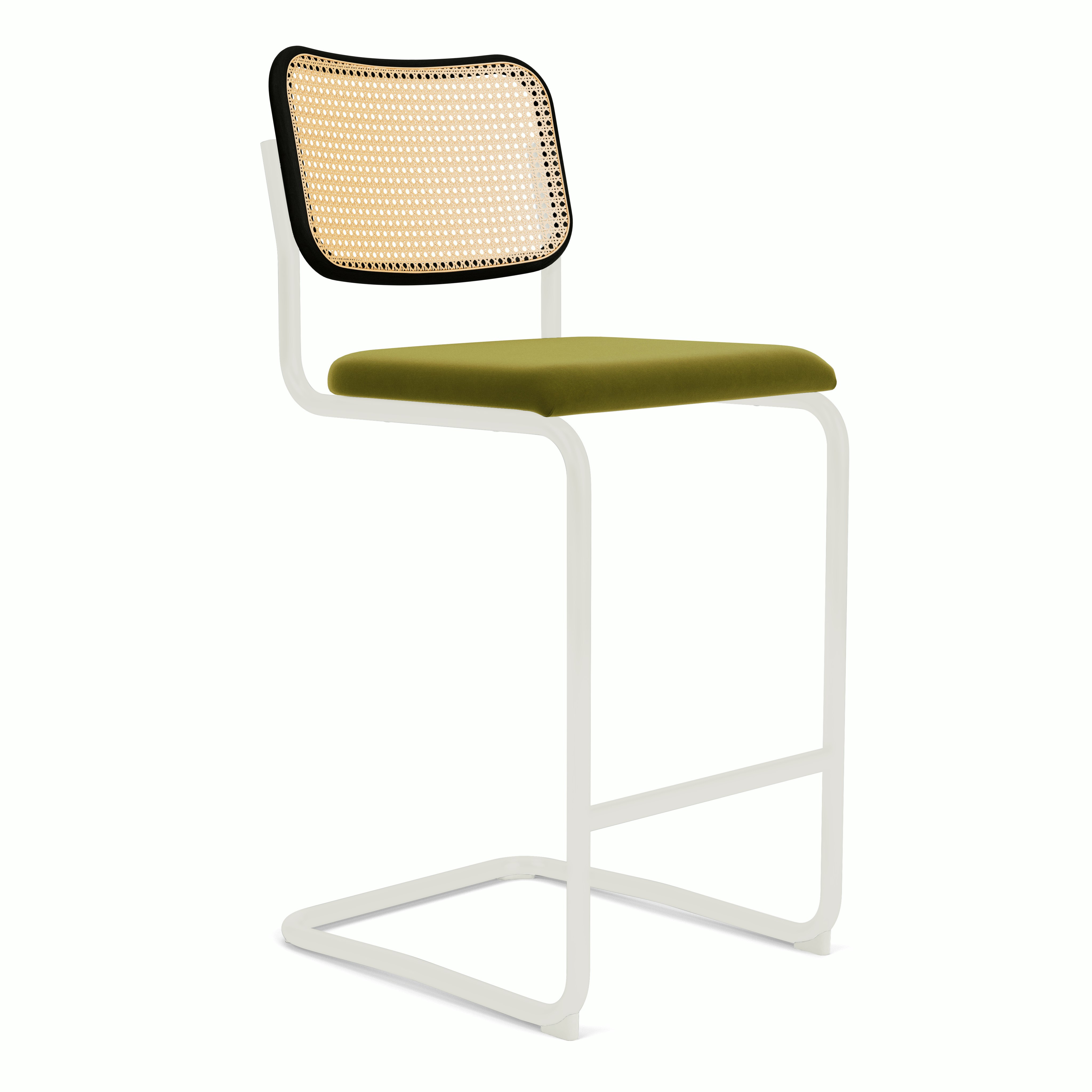 Cesca Upholstered Stool - Ebonized Beech ,  Bar Height ,  Seat Pad,  Knoll Velvet,  moss,  white frame